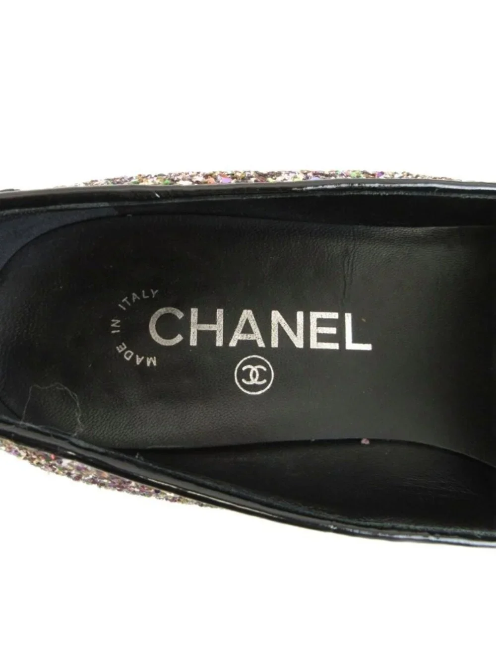 Chanel Glitter Patent Loafers Pumps Square Toe Flat CC Logo Multicolor